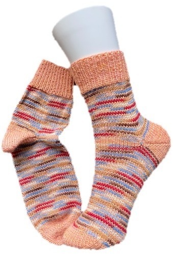 Handgestrickte Socken,  Gr. 38/39, Lachs, Rot/ Blau