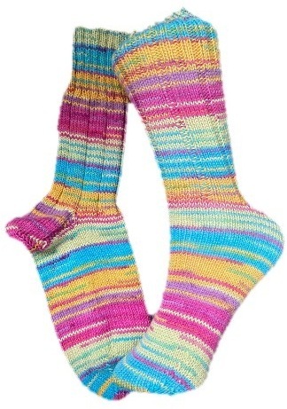 Handgestrickte Socken, Gr. 41/42, Blau/ Pink/ Gelb