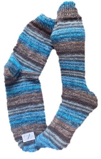 Handgestrickte Socken, Gr. 48/49, Blau/ Braun