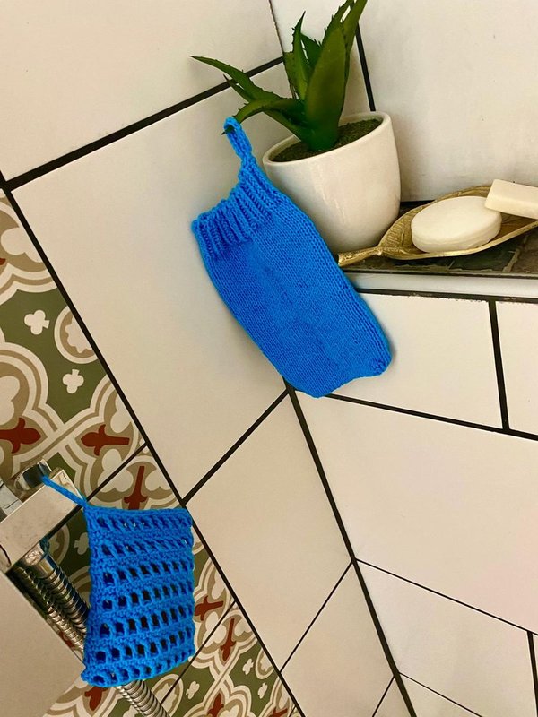 Waschhandschuh, gestrickt, Handarbeit, Blau