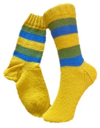 Handgestrickte Socken, Gr. 36/37, Gelb/ Blau/ Grün