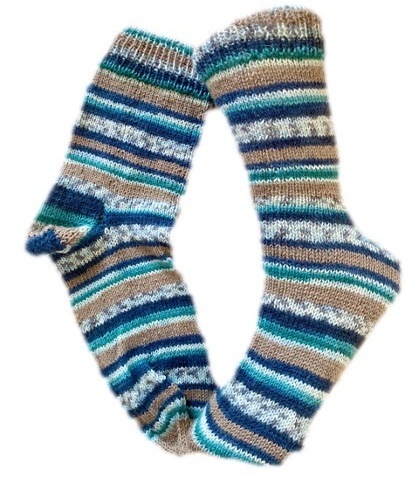 Handgestrickte Socken, Gr. 45/46, Blau/ Braun/ Grün