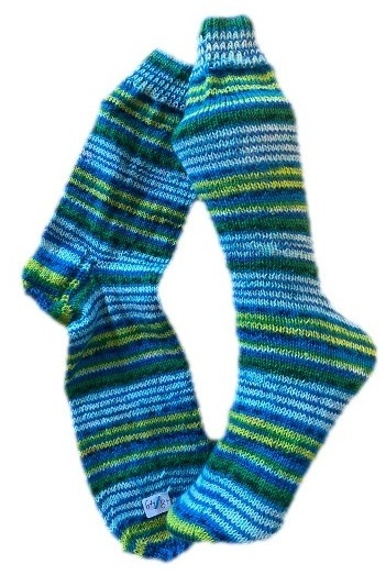Handgestrickte Socken, Gr. 48/49, Grün/  Blau/ Gelb