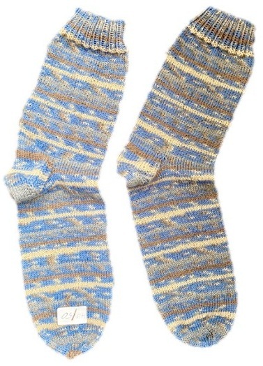 Handgestrickte Socken, Gr. 49/50, Blau/ Braun/ Grau