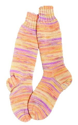 Handgestrickte Socken, langer Schaft, Gr. 36/37, Orange/ Beige/ Lila