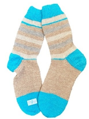 Handgestrickte Socken, Gr. 44/45, Braun/ Blau
