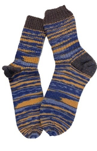 Handgestrickte Socken, Gr. 47/48, Blau/ Senf/ Grau