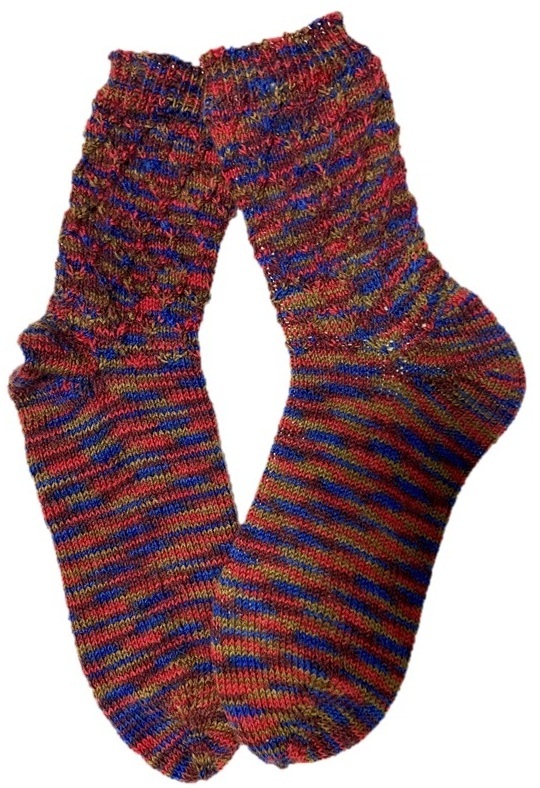 Handgestrickte Socken, Gr. 42/43, Blau/ Braun/ Rot