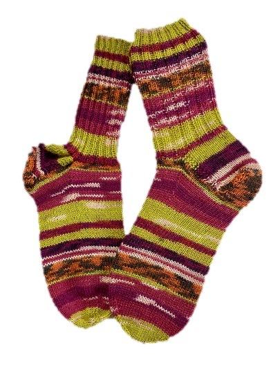 Handgestrickte Socken, Gr. 42/43, Lila/ Grün/ Orange