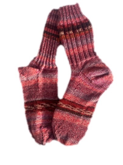 Handgestrickte Socken,  Gr. 39/40, Rot/ Lila