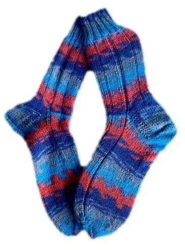 Handgestrickte Socken, Gr. 41/42,  Blau/ Rot/ Grau