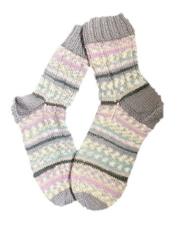 Handgestrickte Socken, Gr. 37/38, Grau/ Lila/ Blau