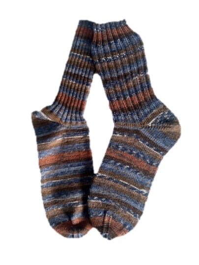 Handgestrickte Socken, Gr. 43/44, Braun/ Blau