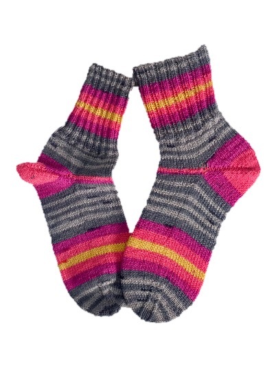 Handgestrickte Socken, Gr. 39/40, Grau/ Pink/ Gelb