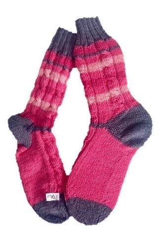 Handgestrickte Socken, Gr. 39/40, Pink/ Grau