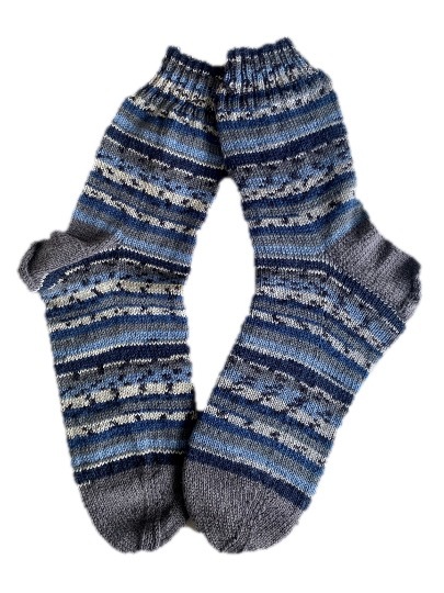 Handgestrickte Socken, Gr. 50/51,  Grau/ Blau