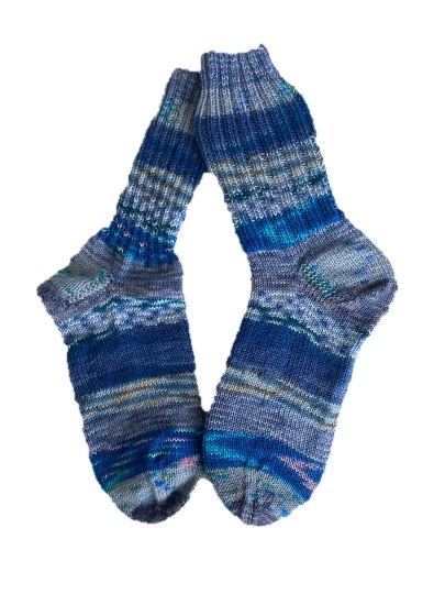 Handgestrickte Socken,  Gr. 38/39, Blau/ Grau