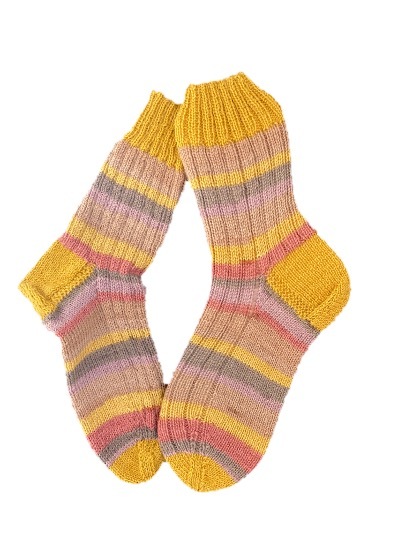 Handgestrickte Socken,  Gr. 38/39, Gelb/ Beige/ Rot