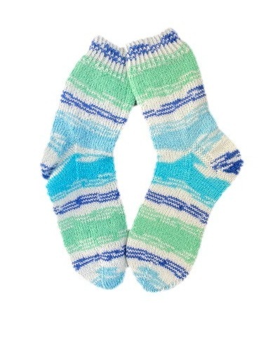 Handgestrickte Socken,  Gr. 38/39, Blau/ Grün/ Wollweiß