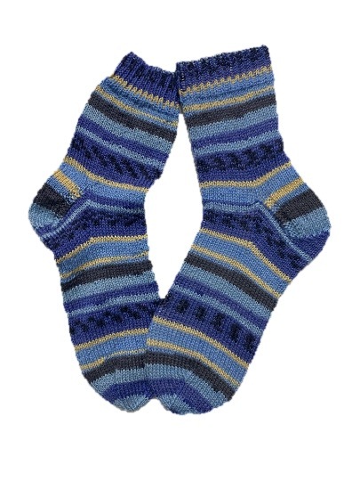 Handgestrickte Socken, Gr. 42/43, Blau/ Gelb/ Grau