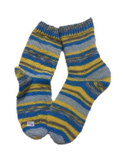 Handgestrickte Socken, Gr. 35/36, Blau/ Gelb / Grau