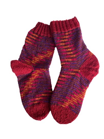 Handgestrickte Socken, Gr. 39/40, Rot/ Blau/ Gelb