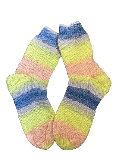 Handgestrickte Socken, Gr. 40/41, Gelb/ Blau/ Grau/ Rosa