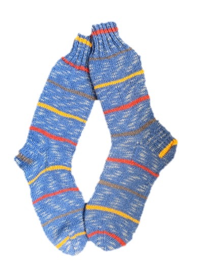 Handgestrickte Socken, Gr. 41/42, Blau/ Gelb/ Rot