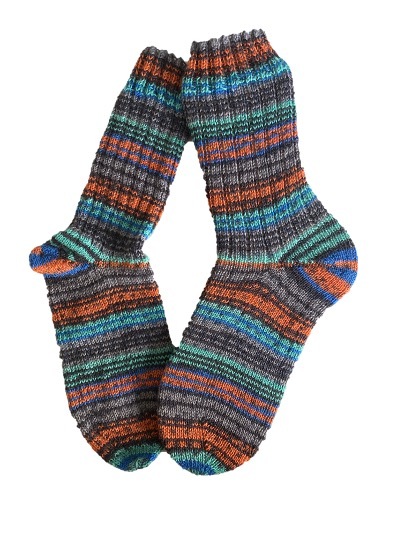 Handgestrickte Socken, Gr. 39/40, Orange/ Blau/ Grau
