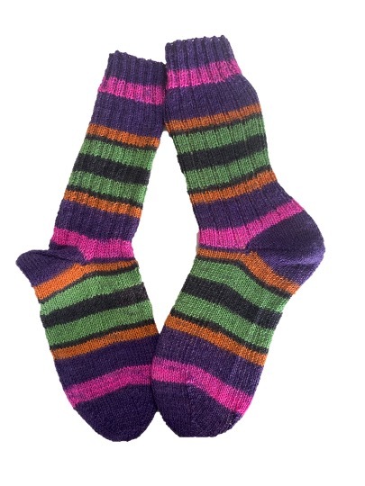 Handgestrickte Socken, Gr. 38/39, Lila/ Pink/ Grün/ Orange