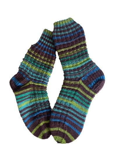 Handgestrickte Socken, Gr. 38/39, Braun/ Grün/ Blau