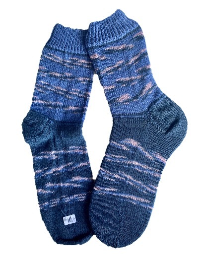 Handgestrickte Socken, Gr. 47/48, Blau/ Grau/ Rosa