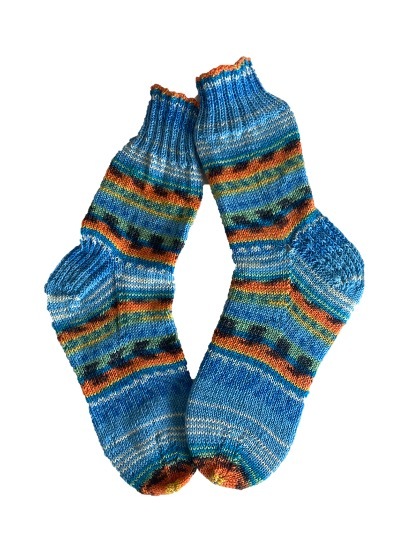 Handgestrickte Socken, Gr. 38/39, Blau/ Orange/ Grün