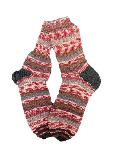 Handgestrickte Socken, Gr. 42/43, Rot/ Grau/ Braun