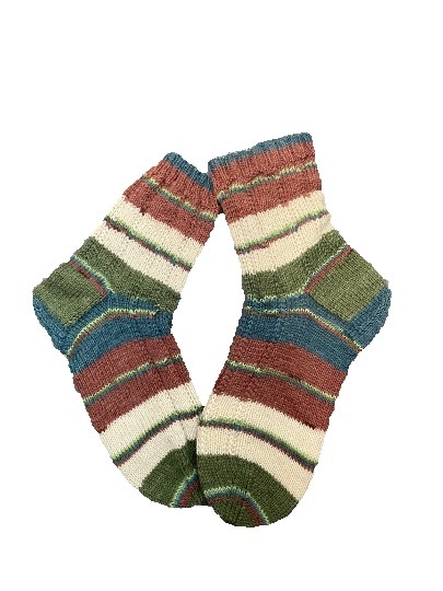 Handgestrickte Socken, Gr. 42/43, Blau/ Braun/ Grün/ Wollweiß