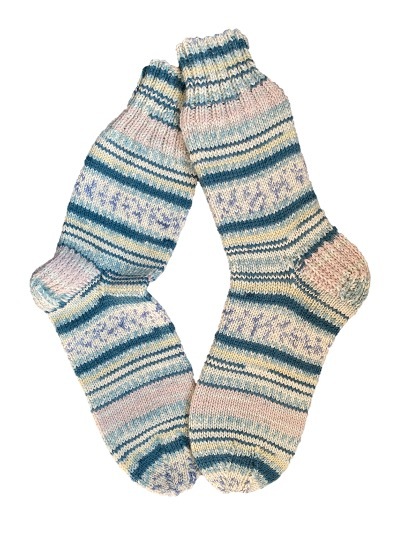 Handgestrickte Socken, 6-Fach, Gr. 41/42, Grün/ Blau/ Rosa