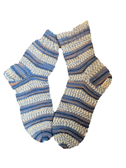 Handgestrickte Socken, Gr. 44/45, Blau/ Braun/ Wollweiß