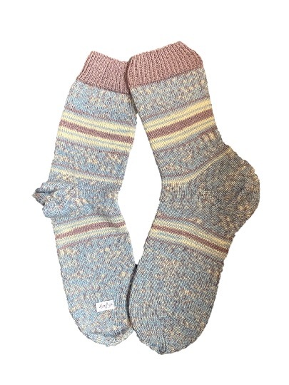 Handgestrickte Socken, Gr. 46/47, Blau/ Braun/ Grau