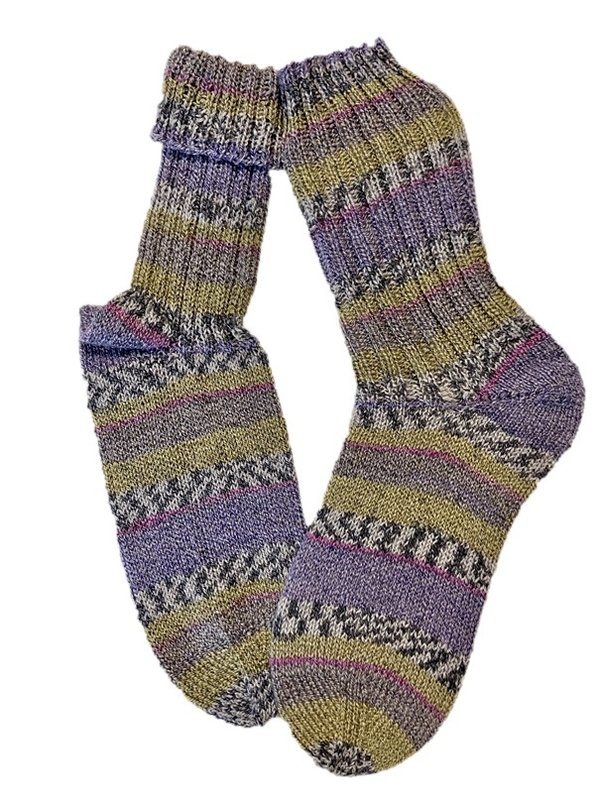 Handgestrickte Socken, Gr. 39/40,  Lila/ Gelb/ Schwarz