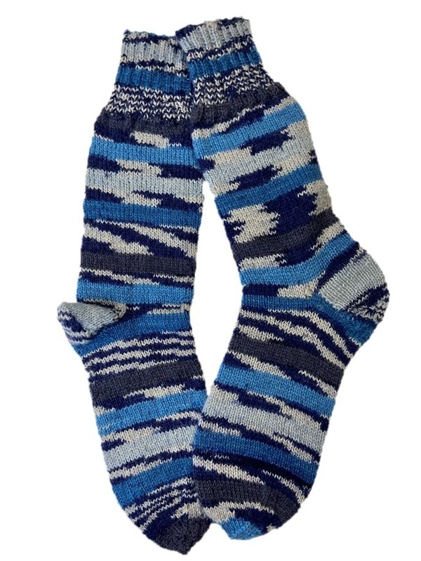Handgestrickte Socken, Gr. 39/40,  Blau/ Grau