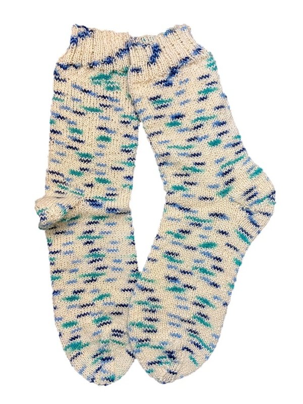 Handgestrickte Socken, Gr. 39/40,  Weiß/ Blau