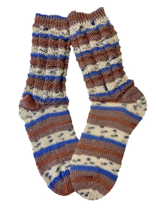 Handgestrickte Socken, Gr. 39/40,  Braun/ Blau/ Creme