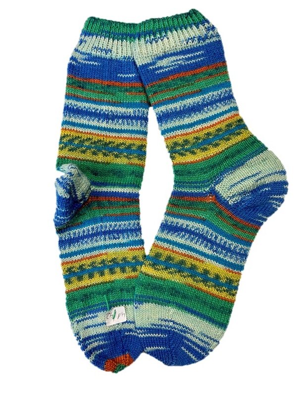 Handgestrickte Socken, Gr. 41/42, Grün/ Blau/ Gelb