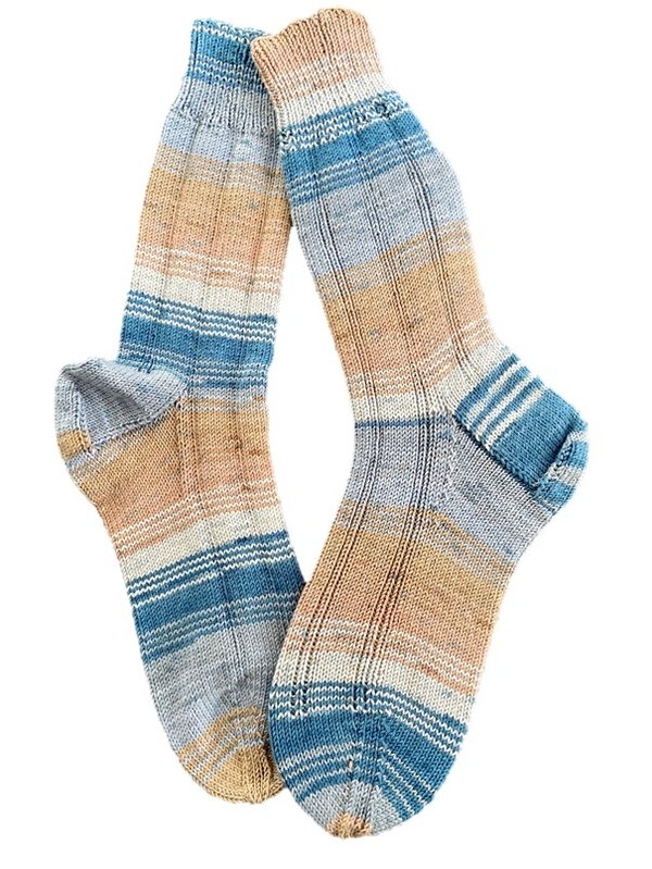 Handgestrickte Socken, Gr. 43/44, Blau/ Braun