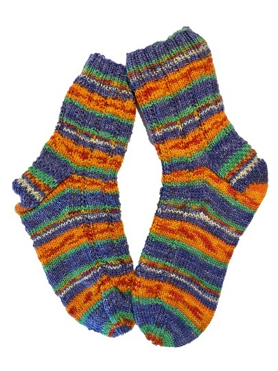 Handgestrickte Socken, Gr. 38/39, Blau/ Gelb/ Orange/ Grün