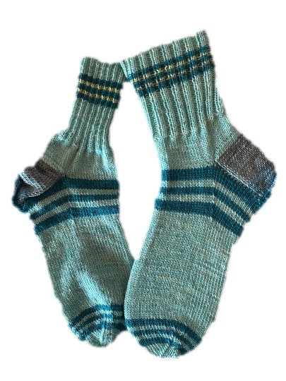Handgestrickte Socken, Gr. 42/43, Türkis/ Grau