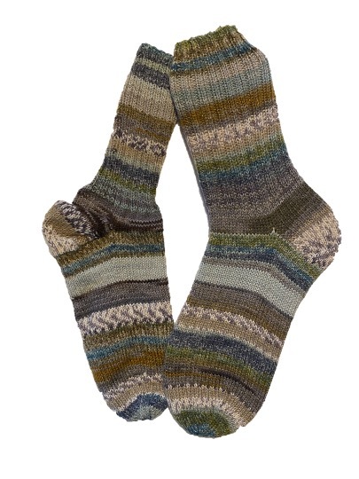 Handgestrickte Socken, Gr. 39/40, Braun/ Grün/ Grau