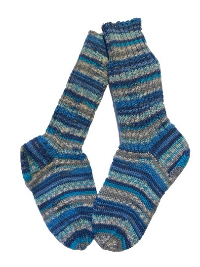 Handgestrickte Socken, 6-fach, Gr. 39/40, Blau/ Grau