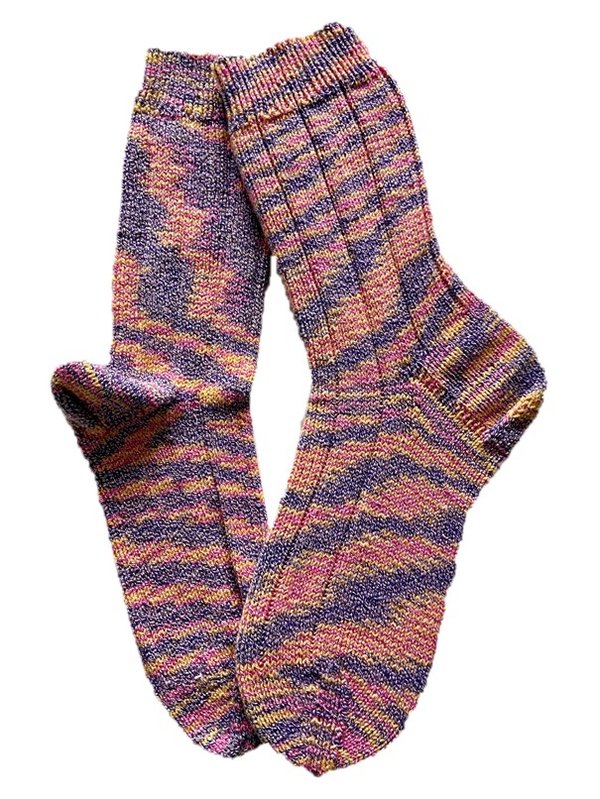 Handgestrickte Socken, Gr. 42/43, Gelb/ Rosa/ Lila
