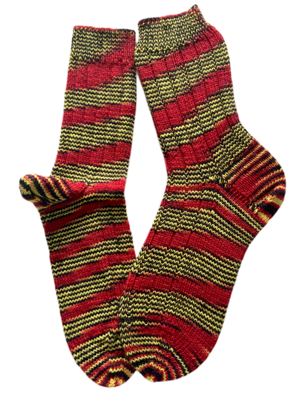 Handgestrickte Socken, Gr. 39/40, Rot/ Gelb/ Schwarz